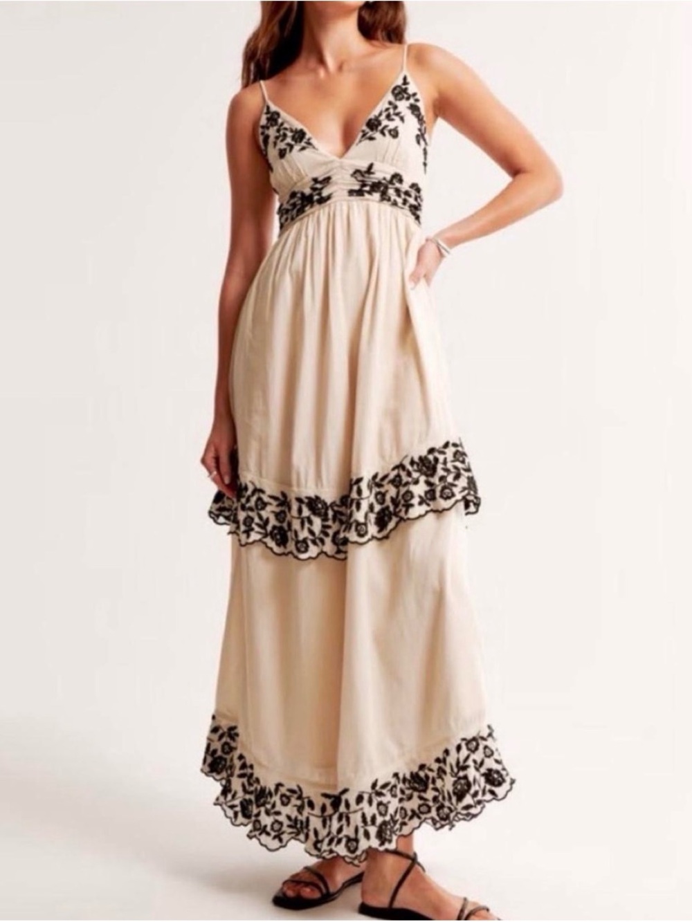 Abercrombie & Fitch Cream Maxi Dress with Black Floral Embroidery